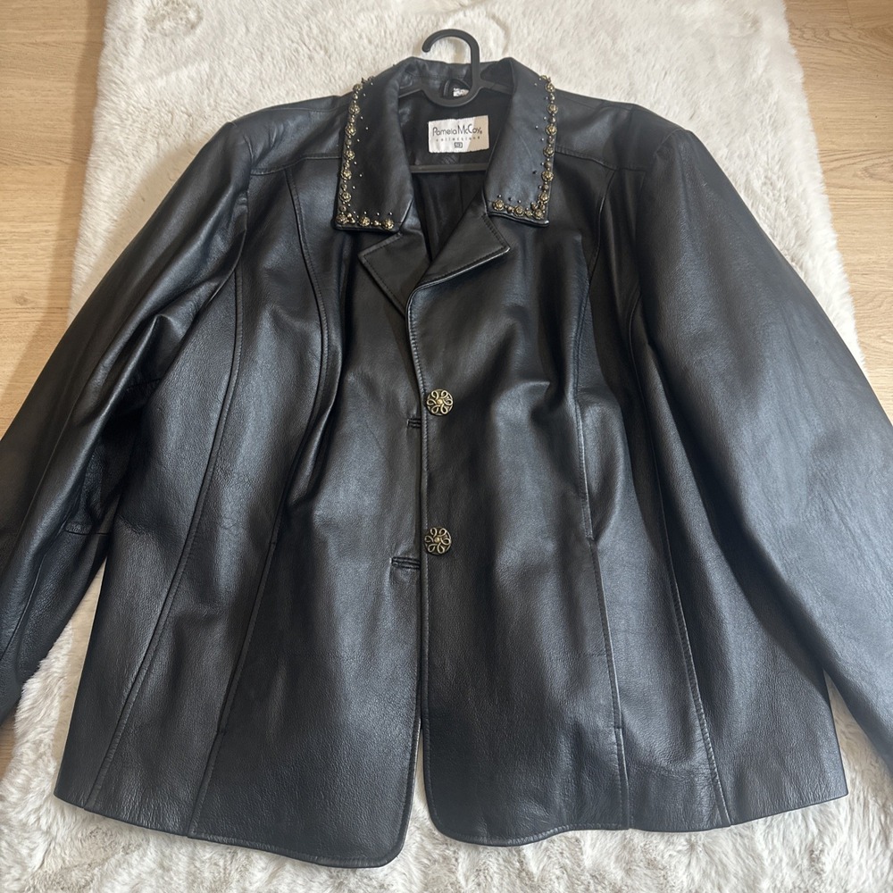 Vintage Romeo McCall Black Genuine Leather Blazer Jacket Women's 3XL Beaded Coll